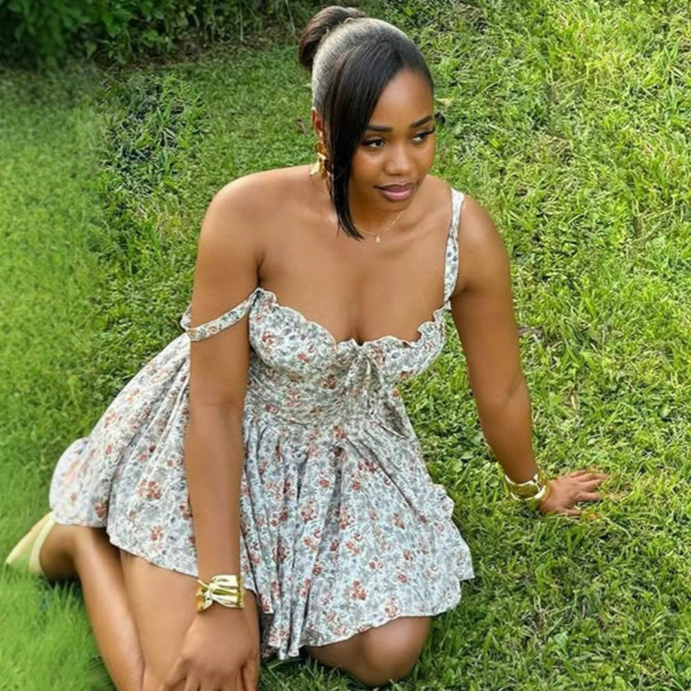 ZARA Sexy African Floral Print Spaghetti Strap Belted Mini Tube Dress for Women